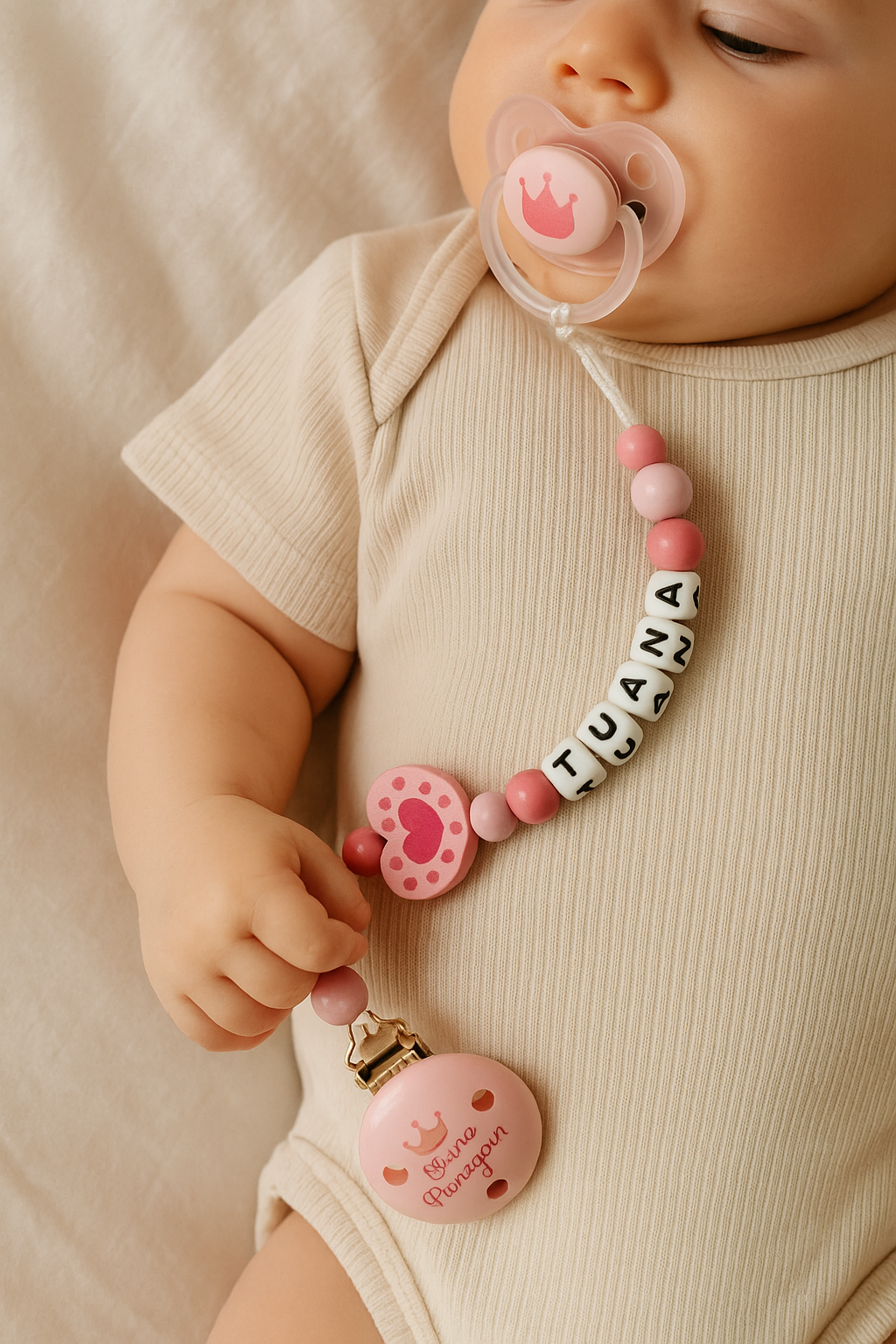Schnullerkette mit Wunschnamen Rosa Herz Kleine Prinzessin – Holzperlen Handgemacht Baby Geschenk Mädchen