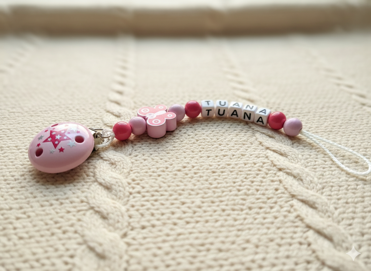 Schnullerkette mit Wunschnamen Rosa Schmetterling Stern – Holzperlen Handgemacht Baby Geschenk Mädchen