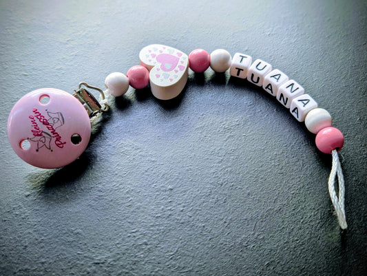 Schnullerkette mit Wunschnamen Rosa Weiß Herz Kleine Prinzessin – Handgemacht Holzperlen Babygeschenk Mädchen