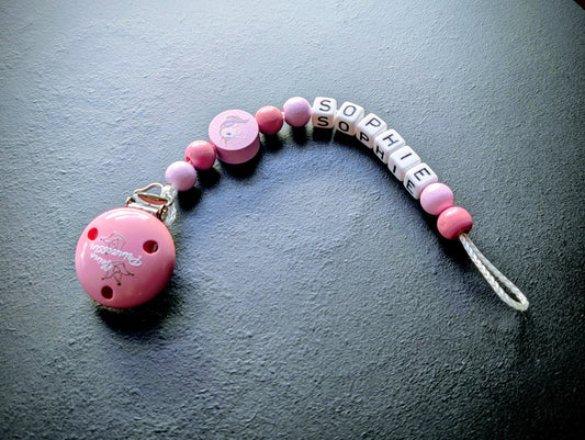 Schnullerkette mit Wunschnamen Rosa Weiß Kleine Prinzessin – Holzperlen Handgemacht Baby Geschenk Mädchen