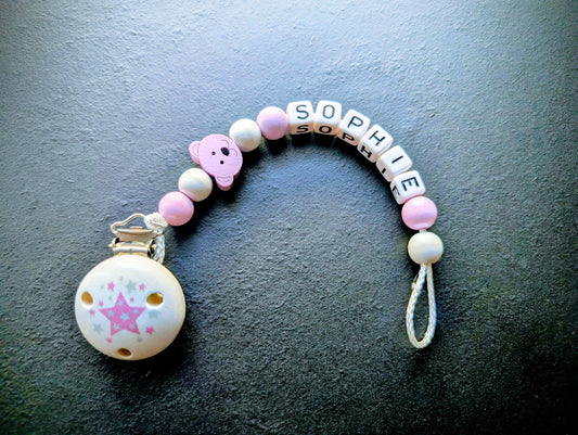 Schnullerkette mit Wunschnamen Rosa Bärchen Stern – Holzperlen Handgemacht Baby Geschenk Mädchen