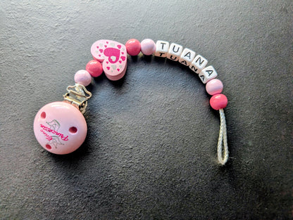 Schnullerkette mit Wunschnamen Rosa Herz Kleine Prinzessin – Holzperlen Handgemacht Baby Geschenk Mädchen