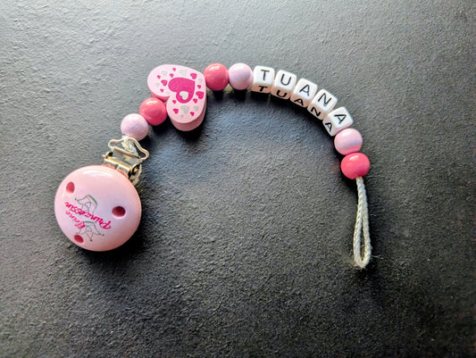 Schnullerkette mit Wunschnamen Rosa Herz Kleine Prinzessin – Holzperlen Handgemacht Baby Geschenk Mädchen