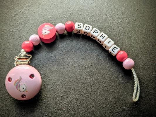 Schnullerkette mit Wunschnamen Rosa Einhorn – Holzperlen Handgemacht Baby Geschenk Mädchen