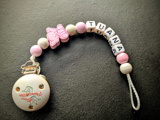 Schnullerkette mit Wunschnamen Rosa Elefant Kleine Prinzessin – Holzperlen Handgemacht Baby Geschenk Mädchen