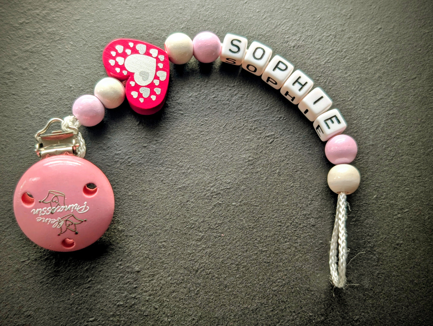 Schnullerkette mit Wunschnamen Rosa Herz Kleine Prinzessin – Holzperlen Handgemacht Baby Geschenk Mädchen
