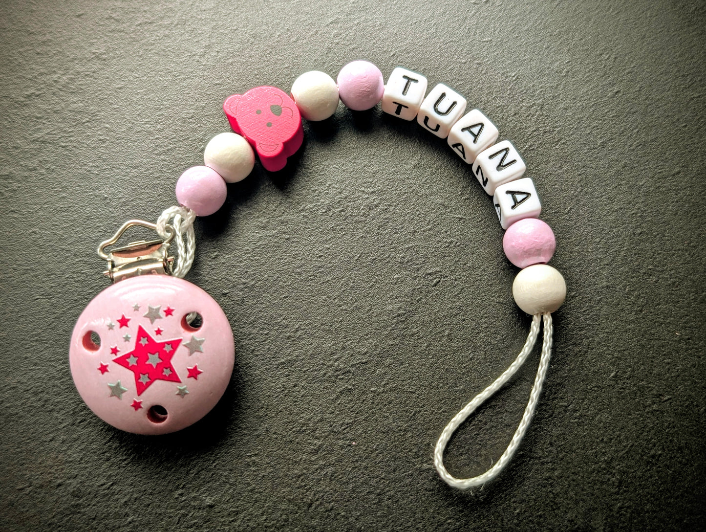 Schnullerkette mit Wunschnamen Rosa Bärchen Stern – Holzperlen Handgemacht Baby Geschenk Mädchen
