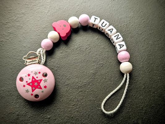 Schnullerkette mit Wunschnamen Rosa Bärchen Stern – Holzperlen Handgemacht Baby Geschenk Mädchen