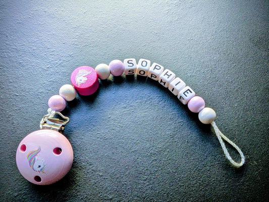 Schnullerkette mit Wunschnamen Rosa Einhorn – Holzperlen Handgemacht Baby Geschenk Mädchen