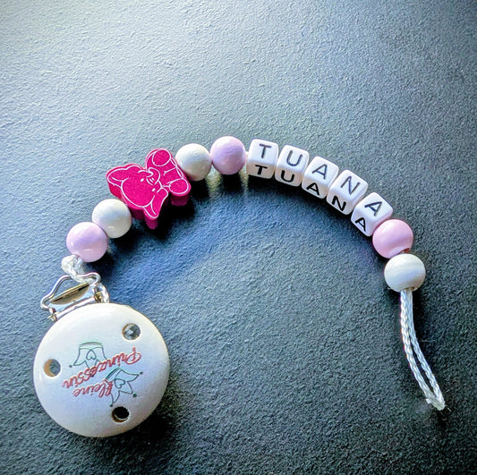 Schnullerkette mit Wunschnamen Rosa Elefant Kleine Prinzessin – Holzperlen Handgemacht Baby Geschenk Mädchen