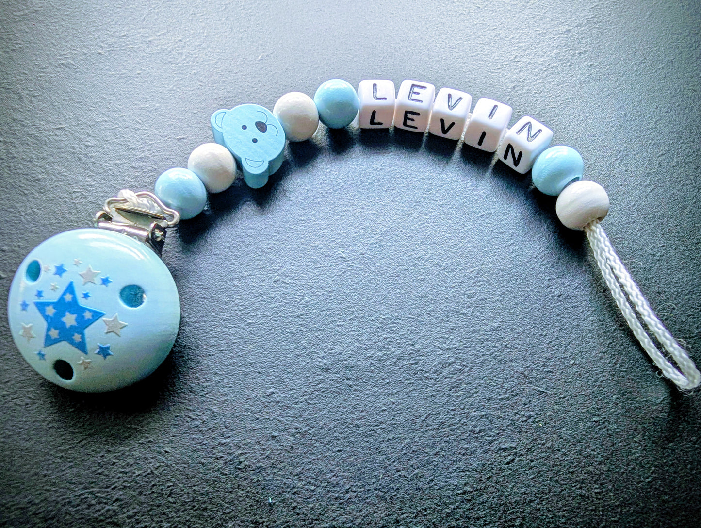 Schnullerkette mit Wunschnamen Blau Bär & Sterne – Holzperlen Handgemacht Baby Geschenk Junge