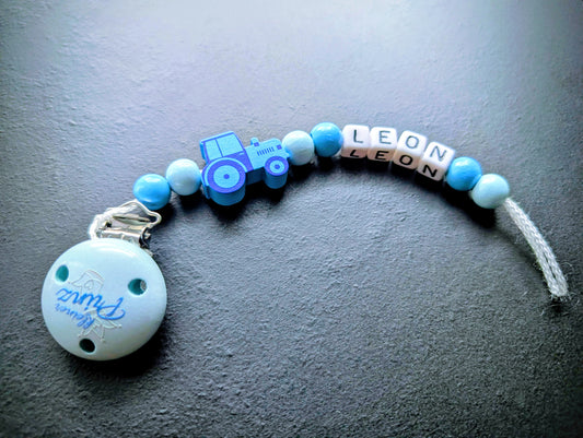 Schnullerkette mit Wunschnamen Traktor Blau – Holzperlen Handgemacht Baby Geschenk Junge personalisiert