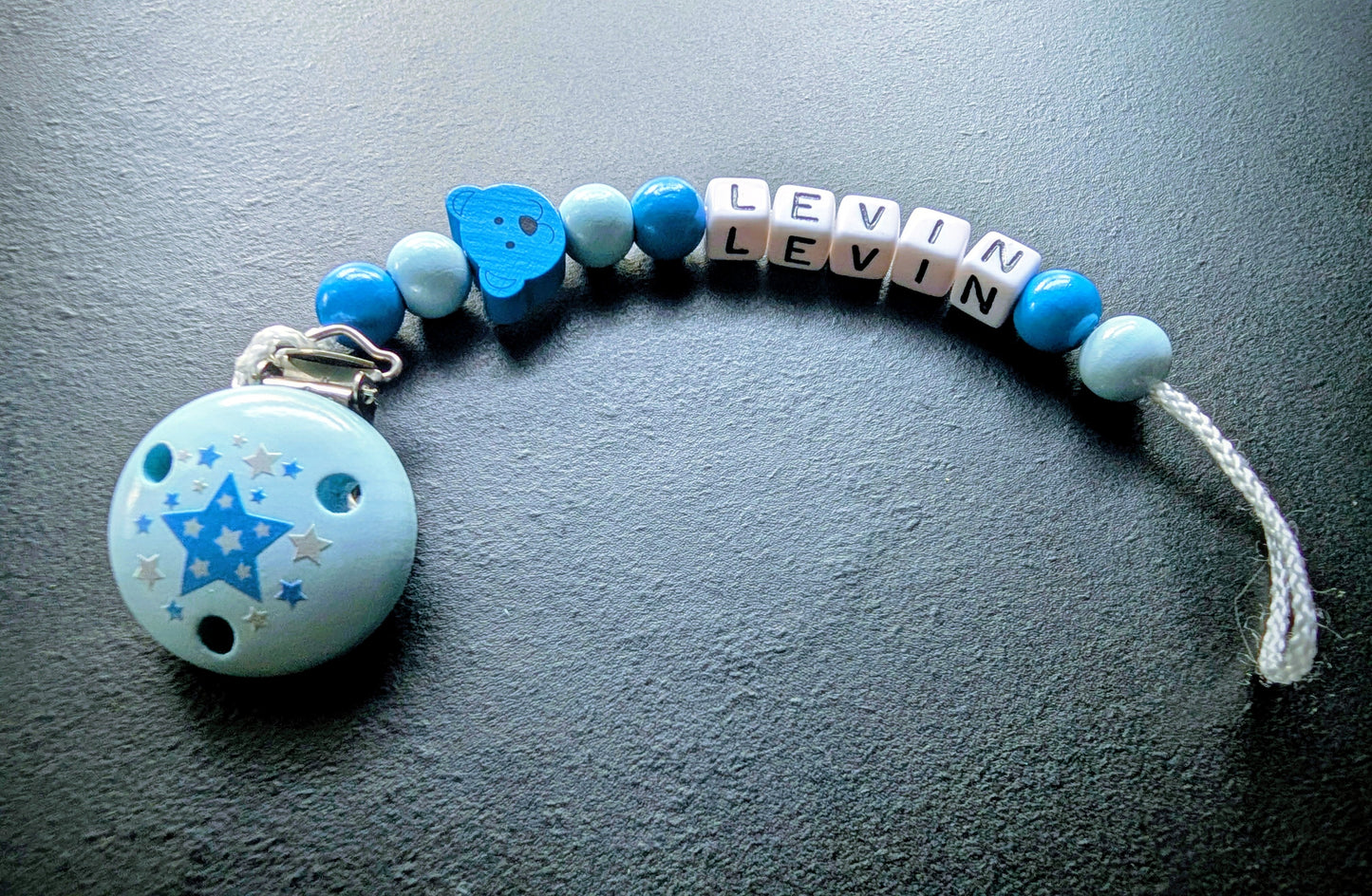 Schnullerkette mit Wunschnamen Blau Elefant & Sterne – Holzperlen Handgemacht Baby Geschenk Junge