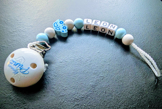 Schnullerkette mit Wunschnamen Auto Blau – Holzperlen Handgemacht Baby Geschenk Junge personalisiert
